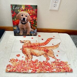 Golden Retriever 18” Fall Theme Pillow Cover With “Love of Goldens” Book